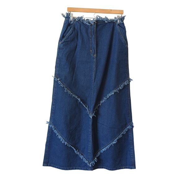 Vintage Y2K Denim Skirt 11 12 Womens High Rise Long Raw Edges Jean Fringe Panels